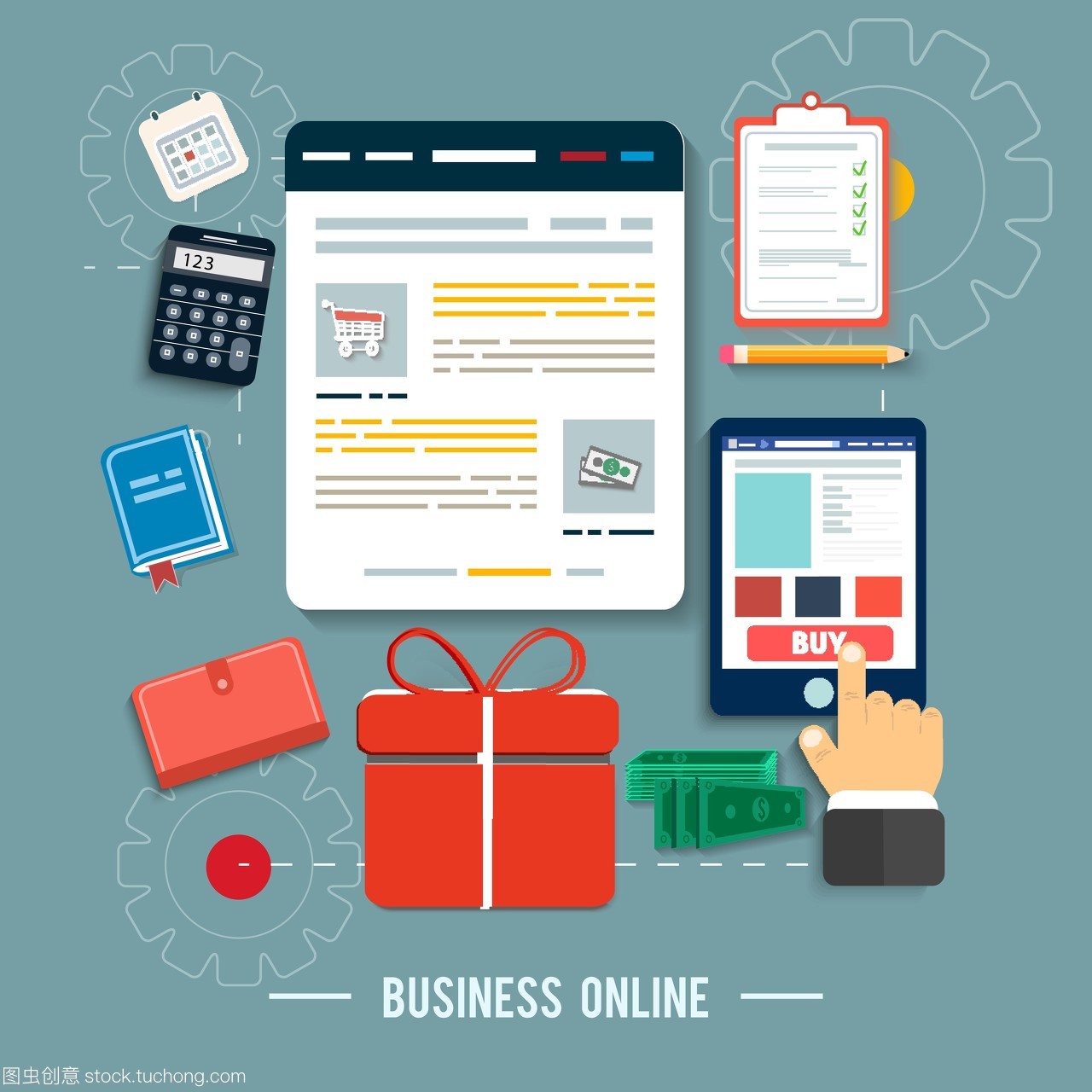 業(yè)務(wù)網(wǎng)絡(luò)圖標(biāo)。在平面設(shè)計(jì)中通過(guò)網(wǎng)上商店和電子商務(wù)思想符號(hào)和購(gòu)物元素購(gòu)買(mǎi)產(chǎn)品圖標(biāo)的海報(bào)概念